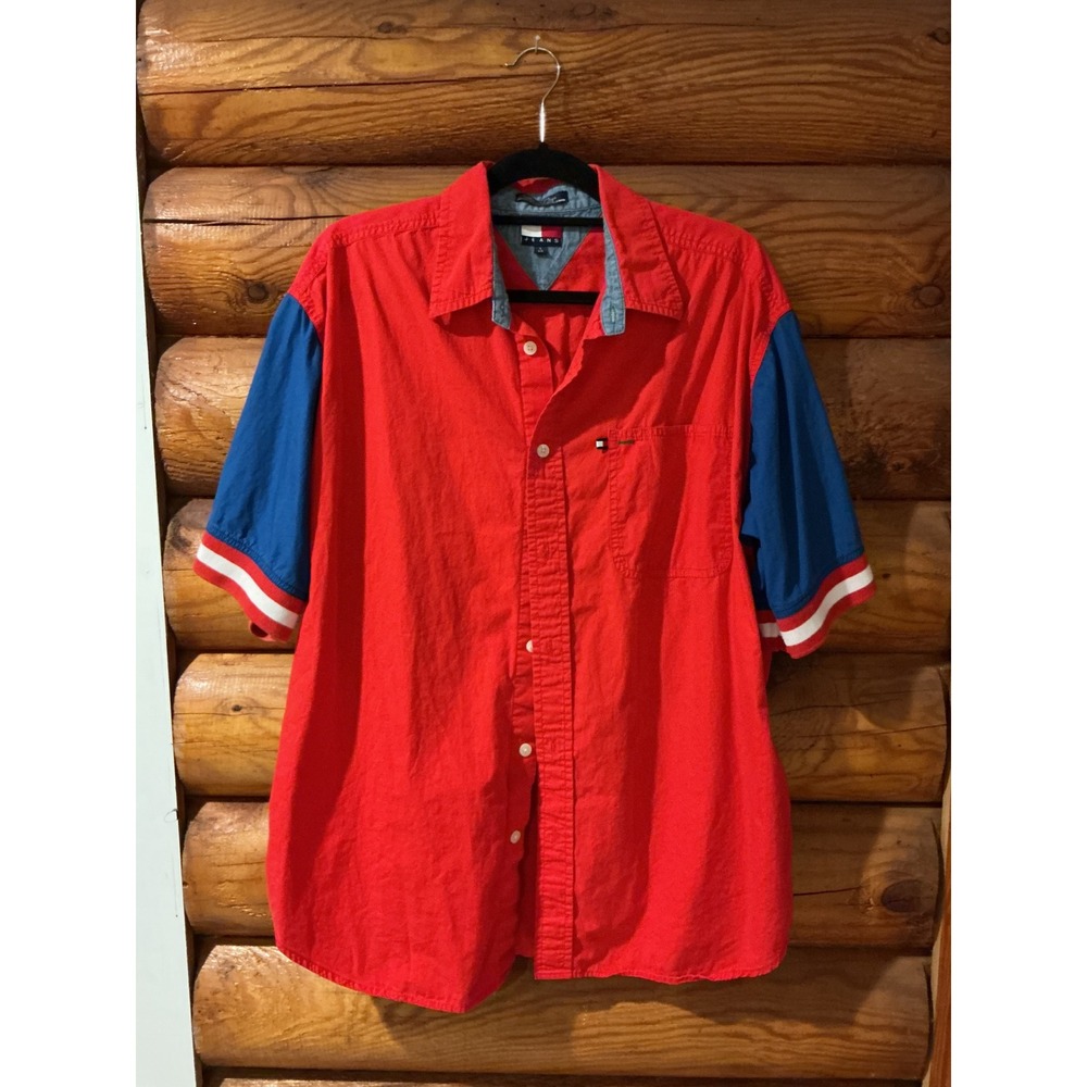 Tommy Jeans Mens Large Red Blue Colorblock Short Sleeve Button Down Shirt Cotton